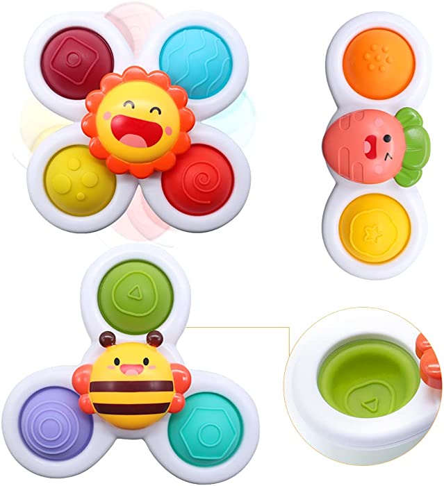 Cokomono 3 PCS Suction Cup Spinner Toys, Simple Dimple Fidget Toys, Spinning Tops for Toddlers 1-3, Sensory Spinning Toys, Bath Toys, First Birthday Gifts for Baby Girls and Boys(Pop)