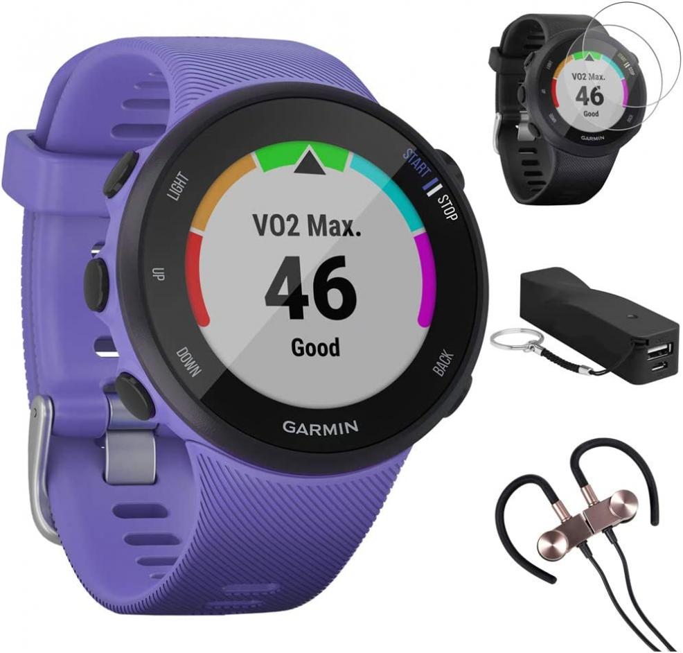 Garmin Forerunner 45S GPS Running Watch 39mm (Iris) - 010-02156-01 w/Accessories Kit Includes, Deco Gear Sport Wireless Earbud, Portable Keychain Charger & Deco Essentials Screen Protector (2Pack)