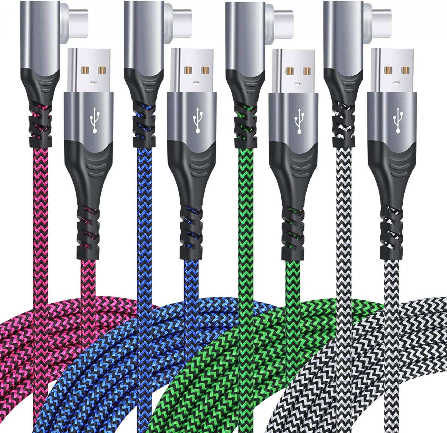 USB C Cable 10ft, Excgood Right Angle [4-Pack] Type C Charger Cable Fast Charging Nylon Braided Cord for Galaxy S10/S9/S8/Note, Pixel and More-Blue Hotpink Green White