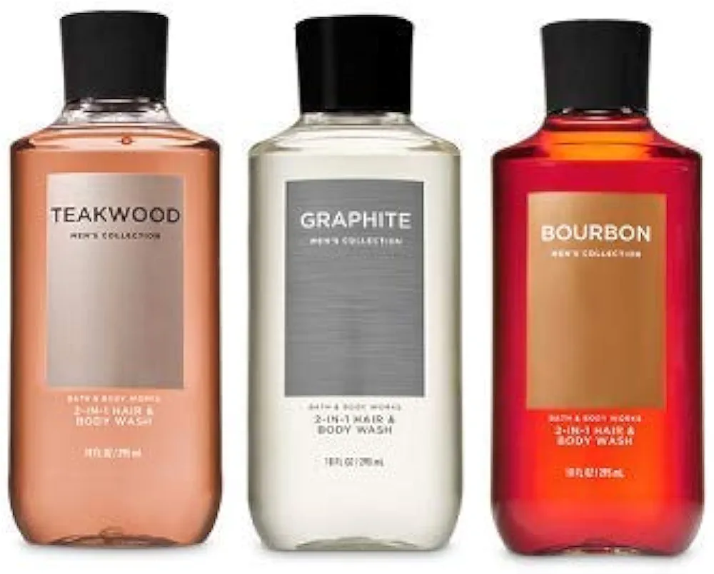 Bath and Body Works 3 Pack 2-in-1 Hair + Body Wash Teakwood, Graphite and Bourbon. 10 Oz.