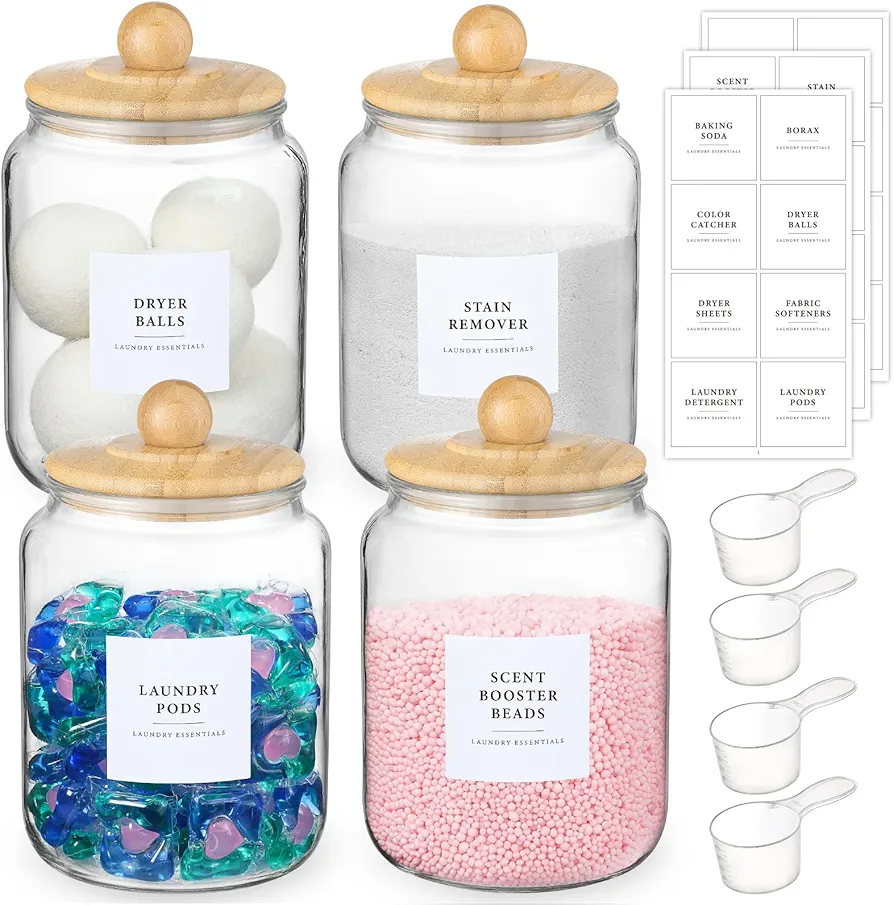 4 Pack Glass Jars with Bamboo Lids and Labels, Glass Containers for Laundry Room Organization and Storage, Half Gallon Airtight Glass jars Holder for Laundry Detergent, Pods, Scent Booster Beads