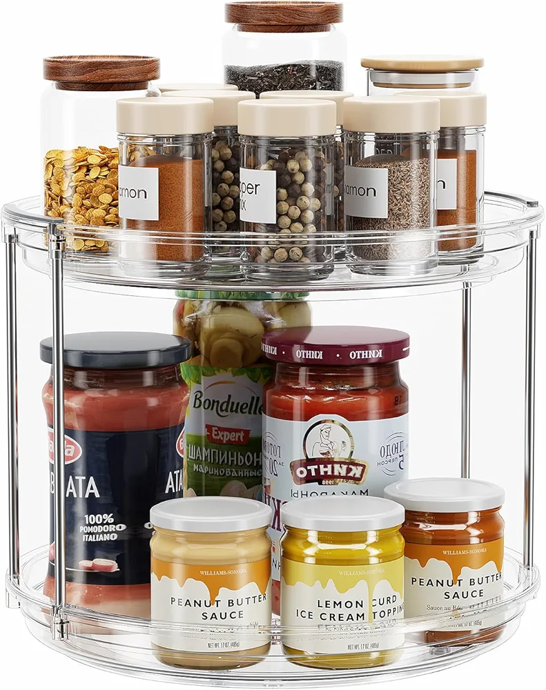 2 Tier Lazy Susan Turntable Organizer 9.25'' Rotating Spice Rack Organization for Cabinet, Kitchen, Pantry, Countertop, Spining Makeup Organizer for Bathroom Vanity, Condiment Organizer, Clear