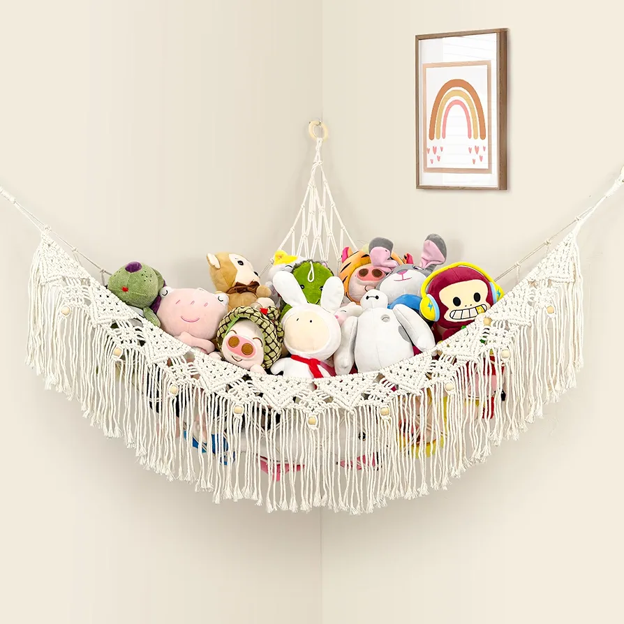 Large Stuffed Animal Net or Hammock, Stuffed Animal Storage Macrame Toy Hammock Hanging Net for Stuffed Animals Corner, Plushie Net Hammock Toy Organizer for Boho Kids Room Nursery Playroom