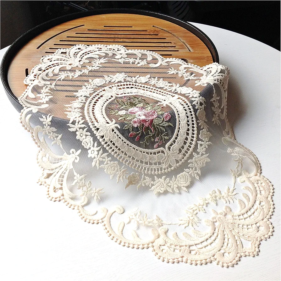 2PACK Retro French Style Lace Placemats Fashionable Embroidered Cup Mat vase mat 12”x16” (Beige)