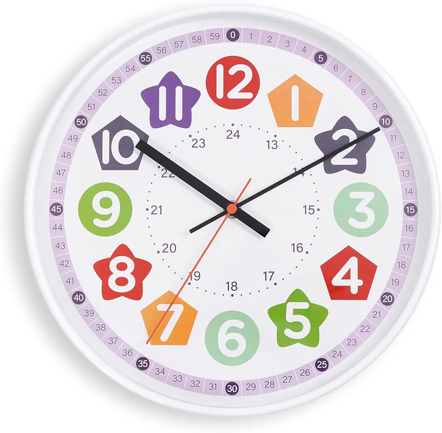 12 Inch Kids Wall Clock, Plastic Learning Clock for Kids, Learning to Tell Time, Teaching Classroom Clock Homeschool Supplies Kids Room Decor