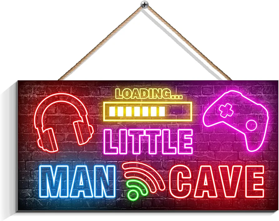 Little Man Cave, Neon Gaming Wooden Door Sign for Little Boy Gamer Room Decor, Nursery Playroom Hanging Decor (6"x12")