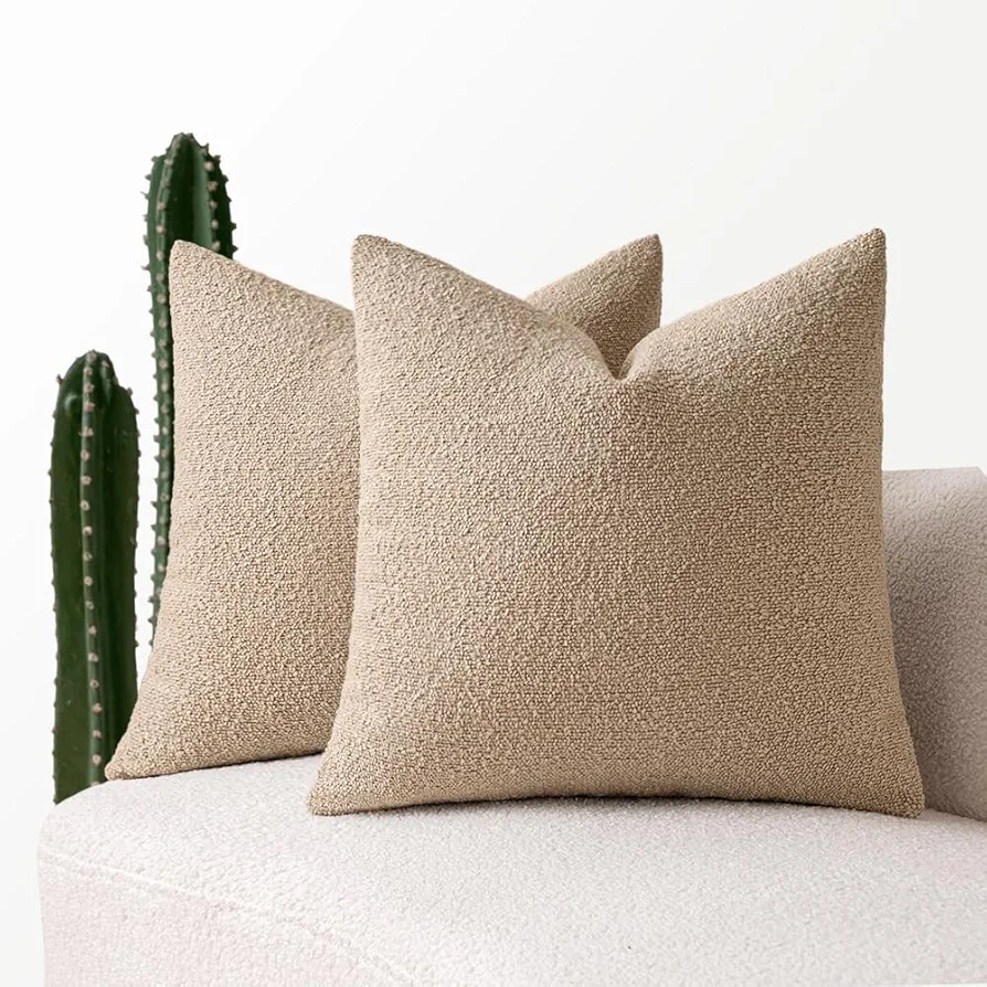 MIULEE Set of 2 Khaki Throw Pillow Covers 18x18 Inch Decorative Couch Pillow Covers Textured Boucle Accent Solid Pillow Cases Soft for Cushion Chair Sofa Bedroom Livingroom Home Decor