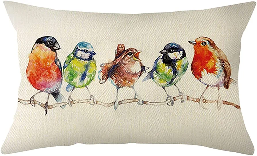 Ogiselestyle Farmhouse Pillow Covers with Birds on Branch Print 12 x 20 Inch Home Decorative Cushion Case for Sofa Couch Housewarming Gifts Family Room Décor