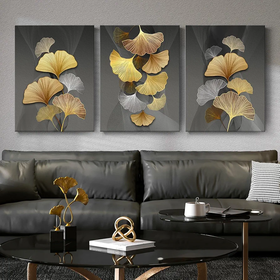 3 Piece Modern Canvas Wall Art Textured Gold Ginkgo Leaf Paintings for Living Room, Neutral Black Gray with Gold Leaves for Home Office Abstract Minimalist Leaf Wall Pictures Decor Ready to Hang 12x16