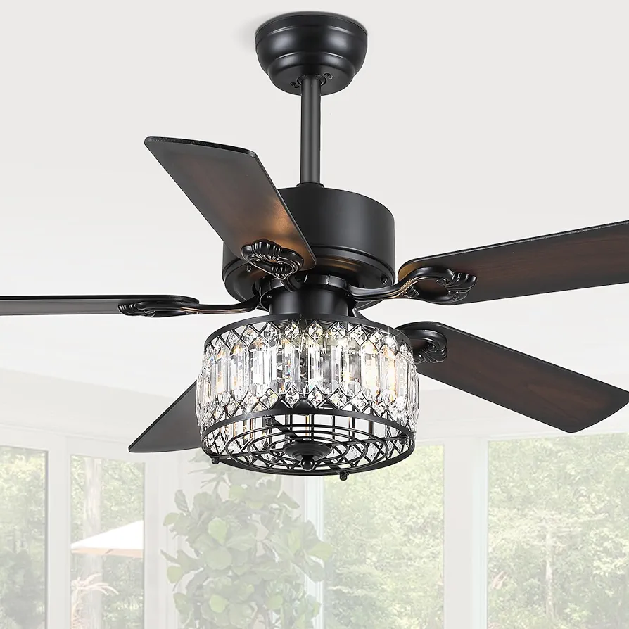 Chandelier Ceiling Fans with Lights - 48 Inch Modern Farmhouse Fandelier Ceiling Fan with Remote, Crystal Ceiling Fan Light for Bedroom Living Room, Dual Finish Wooden Blades, Black