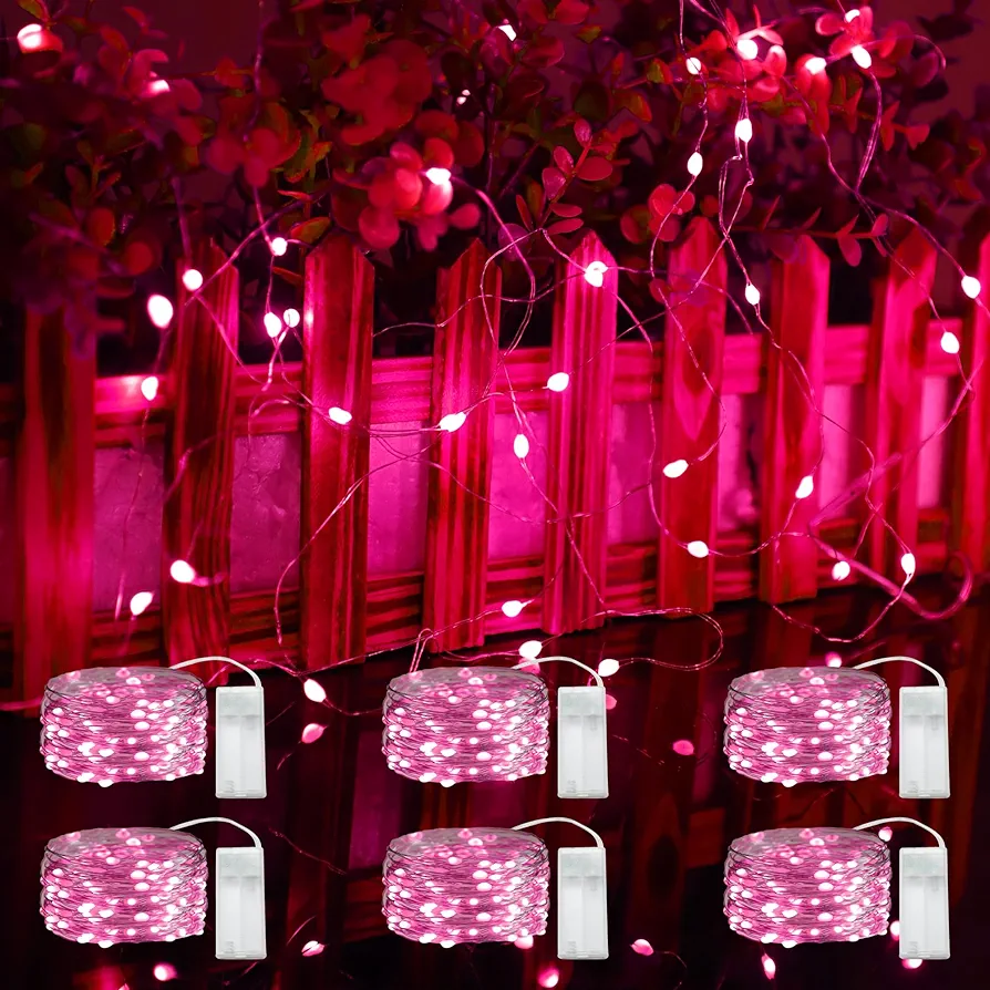 6 Pack Fairy Lights Battery Operated, 10 feet 30 LEDs String Lights, Flashing and Constant Light Modes, for Bedroom, Parties, Wedding, Glass Bottle Decoration (Pink)