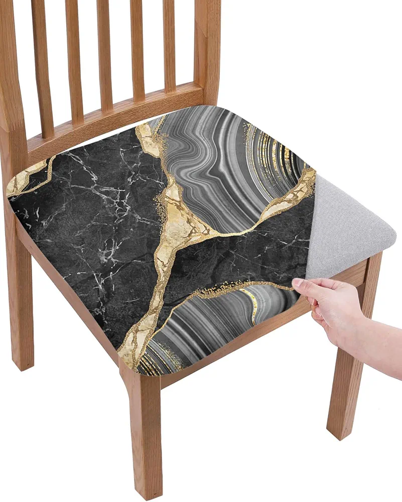 Abstract Marble Chair Seat Covers for Dining Room Stretch Chair Seat Covers Set of 4, Chair Seat Protector Cushion Slipcovers for Kitchen Restaurant Office ContemporaryGeometric Black Grey Gold