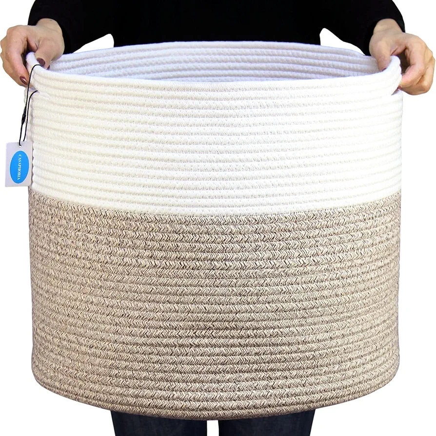 Casaphoria Large Cotton Rope Storage Baskets for Organizing with Built-in Handles,Tall Woven Laundry Hamper, Blanket Basket for Living Room, Round Woven Storage Baskets for Pillows, Towels