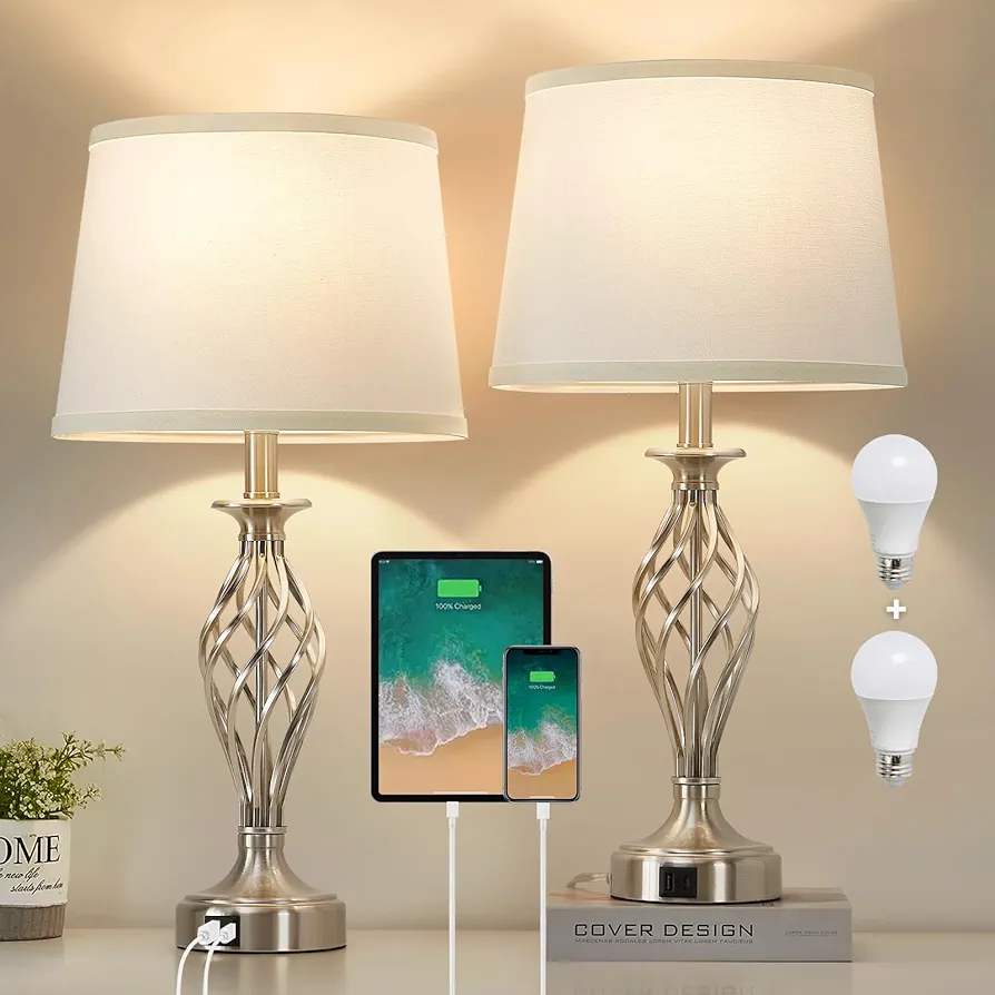 Table Lamp for Bedroom Set of 2 with USB C+A Ports, Modern Bedside Lamps with Spiral Cage Base, White Fabric Shade, Nightstand Lamp for Living Room Reading Bed Side End Table, 2 LED Bulbs Included