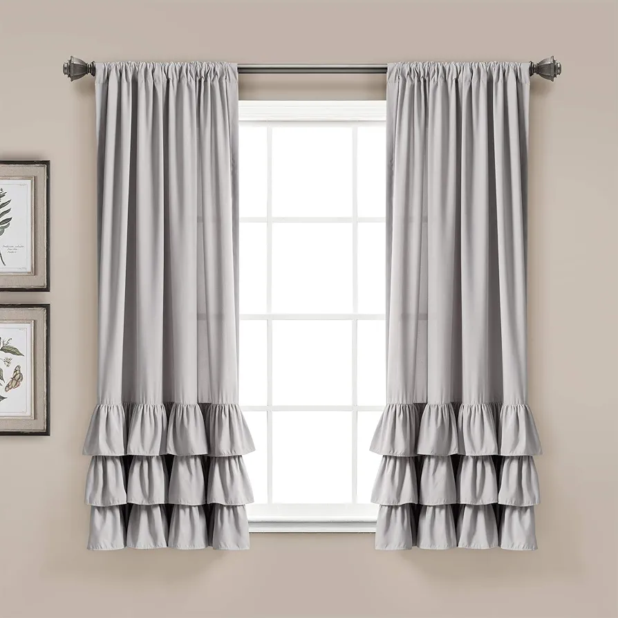 Lush Decor, Light Gray Allison Ruffle Curtains Window Set for Living, Dining Room, Bedroom, 63" x 40", 63 in L Panel Pair