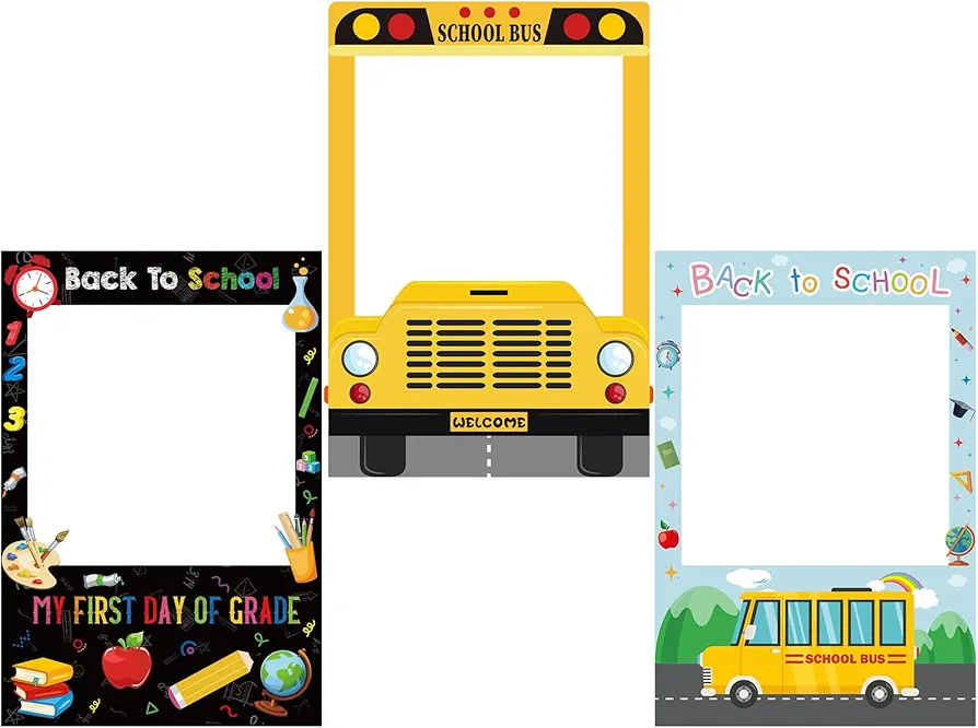 Yousoontic 3 Pcs First Day of School Photo Frame Back to School Photo Booth Frame Welcome School Bus Photo Cutout Frame Black Yellow Blue for Kindergarten Classroom Decorations