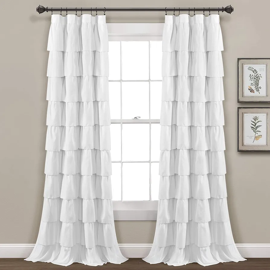 Lush Decor Ruffle Window Curtain - Vintage Chic Farmhouse Style Panel for Living, Dining Room, Bedroom (Single), 50”W x 84"L, White