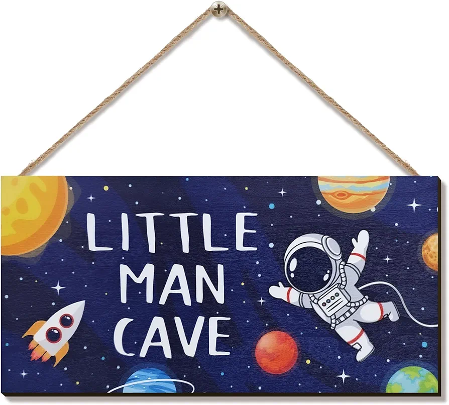 ZIEYOMI- Little Man Cave Sign Boys Room Decor, Space Astronaut Bedroom Decor Hanging Wall Art, Wooden Plaque Outer Space Room Decor for Boys Nursery Kids Toddler Playroom Decorations