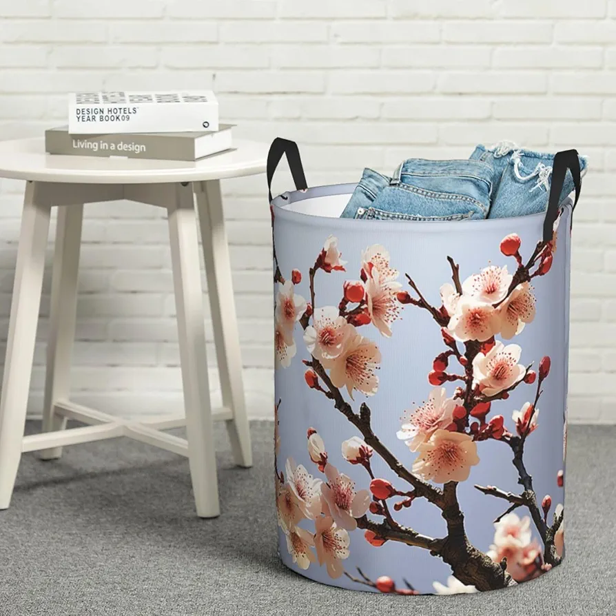 Laundry Basket Waterproof Laundry Hamper With Handles Dirty Clothes Organizer Cherry Branches Flowers Print Protable Foldable Storage Bin Bag For Living Room Bedroom Playroom, Small, Black