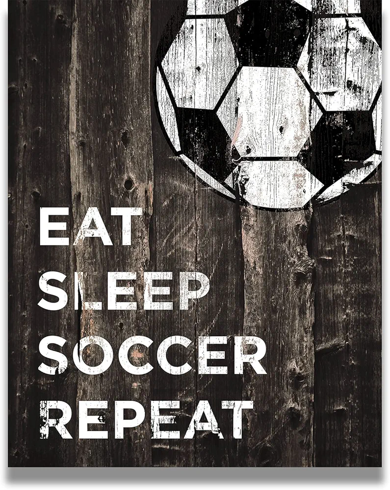 Govivo Eat Sleep Soccer Repeat room decor - Sports wall decor for boys and girls - Kids sport bedroom decor - Soccer ball rustic wall art - Thoughtful gift for a coach - 11x14 unframed print