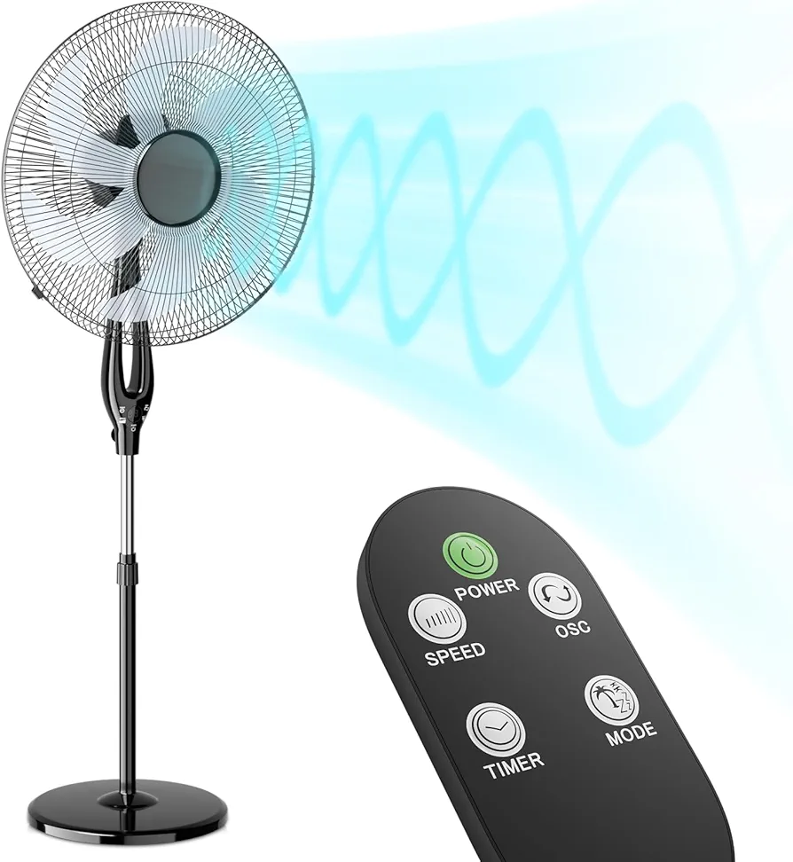 mollie Oscillating Pedestal Fan with Remote Control 12H Timer Portable Adjustable Height 6 Blades Quiet Air Circulator Standing Floor Fan for Bedroom Home Black