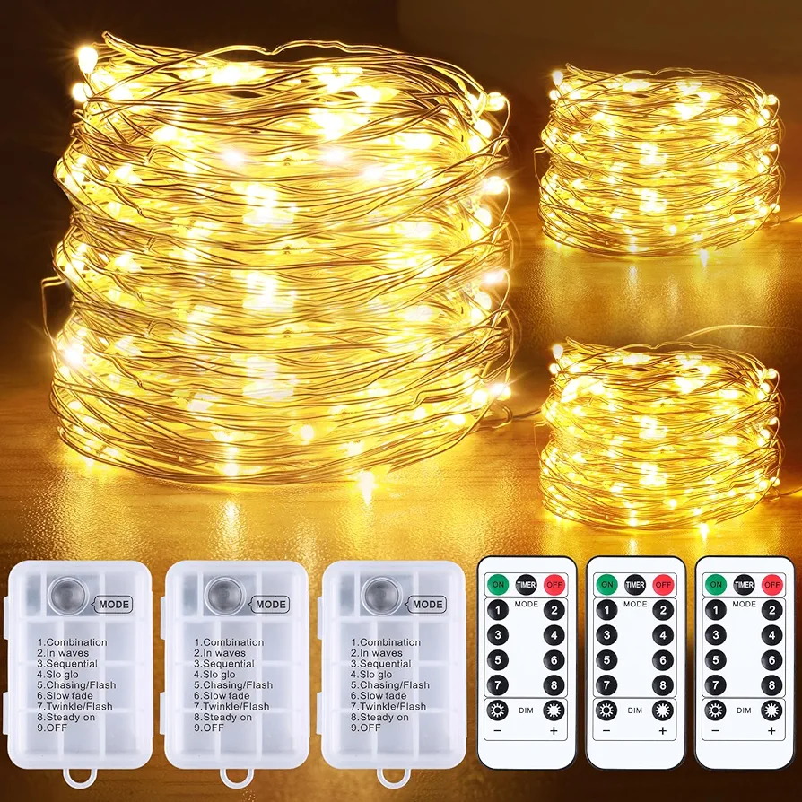 Fairy Lights Battery Operated with Remote, 3 Pack x 33ft 100LED Waterproof Outdoor String Lights Battery Powered Copper Wire Fairy Lights for Bedroom Patio Tree or Christmas Decorations