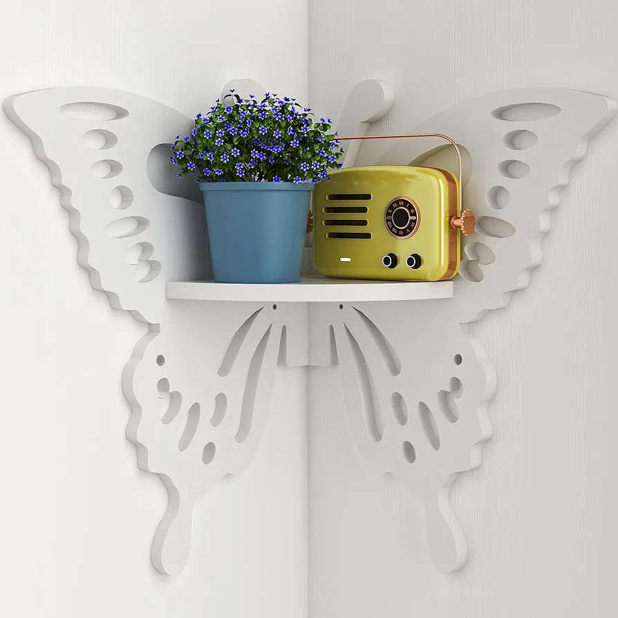 Butterfly Corner Shelf Nursery Wall Deor Floating Corner Shelf for Kid’s Room, Small Cute Decorative Shelf Wall Mounted, White Hanging Hollow Out Shelf for Toys, Plants and Decorations Storage, White