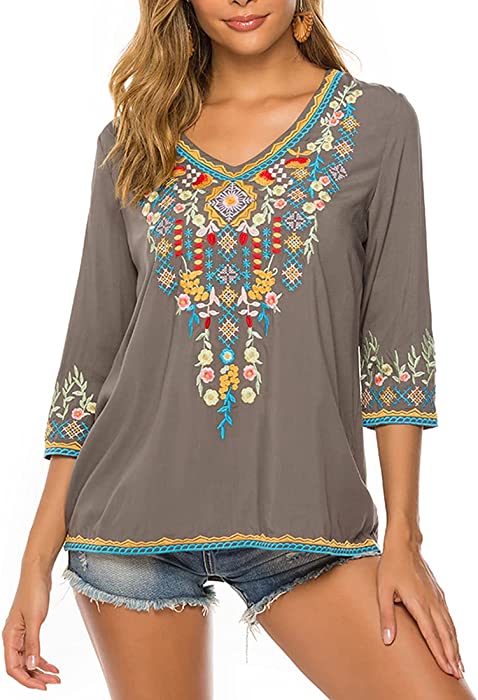 AK Women's Summer Boho Embroidery Mexican Bohemian Tops Peasant 3/4 Sleeve V Neck Shirt Tunic Blouses