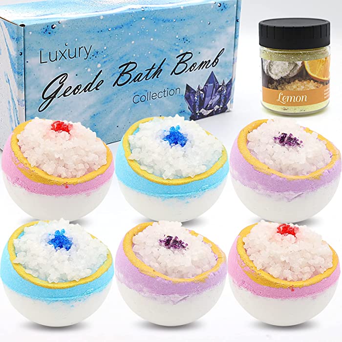 ENMOLOVE 6PCS Bath Bombs Bulk Individually Wrapped with 1 Bath Salt Shower Essentials Bathbombs Organic Bath Ball Self Care and Stress Relief Gifts for Women Men Kids