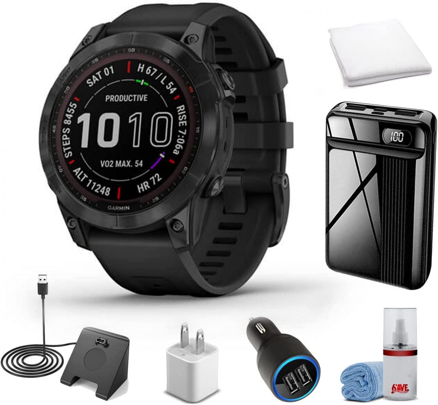 Garmin Fenix Sapphire Solar Edition Smart Watch Black DLC Titanium with Black Band (47mm) + Watch Charging Stand + USB Car/Wall Adapter + More! (010-02540-34)