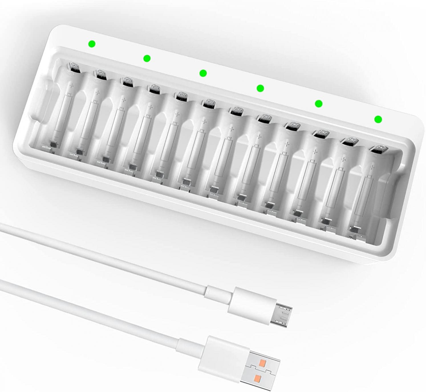 Dlyfull 12 Bay Battery Charger AA AA for Ni-MH Ni-CD AA AAA Battery Charger with 2 USB High-Speed Charging Ports for Rechargeable Batteries