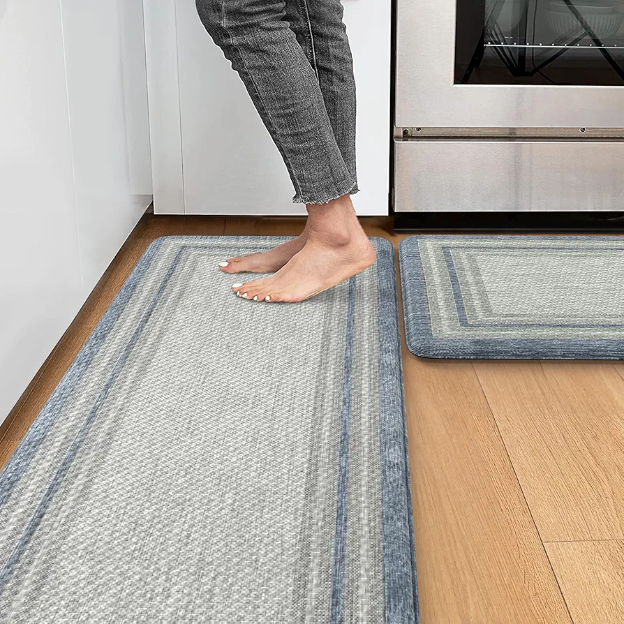 Anti Fatigue Kitchen Mats 2 PCS, Waterproof Non-Slip Cushioned Kitchen Rugs,Ergonomic Comfort Foam Standing Desk for Office,Laundry Room,Sink,Counter 17.3"x29" + 17.3"x59"(Blue and Gray)