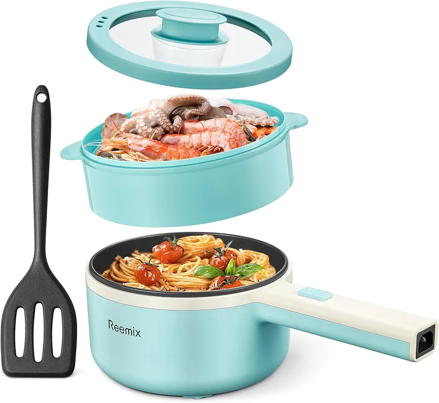 Hot Pot Electric With Steamer, 1.6L Ramen Cooker Non-Stick Sauté Pan for Steak, Egg, Fried Rice, Ramen, Oatmeal, Soup, Portable Personal Perfect Suit Dorm Room and Apartment (Aqua), JK508