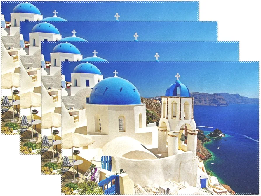 Ethel Ernest Amazing Santorini Greece Landscape Heat-Resistant Placemats, Polyester Tablemat Place Mat for Kitchen Dining Room Set of 4