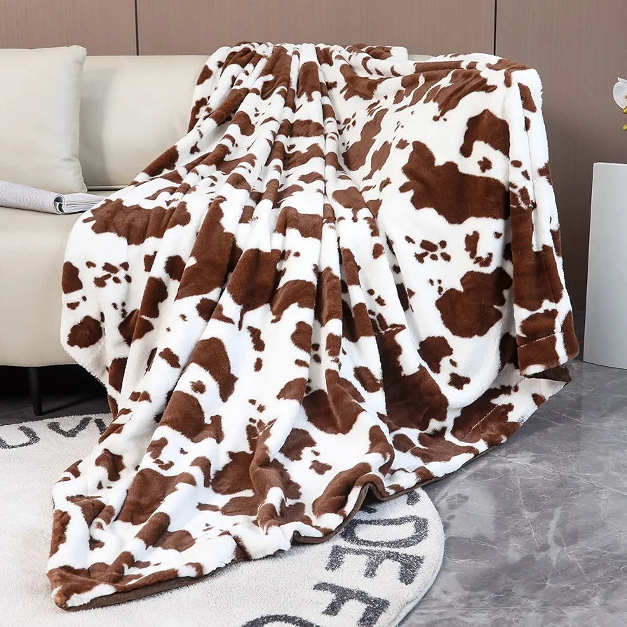 RYNGHIPY Cow Print Blanket for Sofa Couch Double Sided Flannel Animal Design Brown Throw Blanket (Brown, 51''x63'')