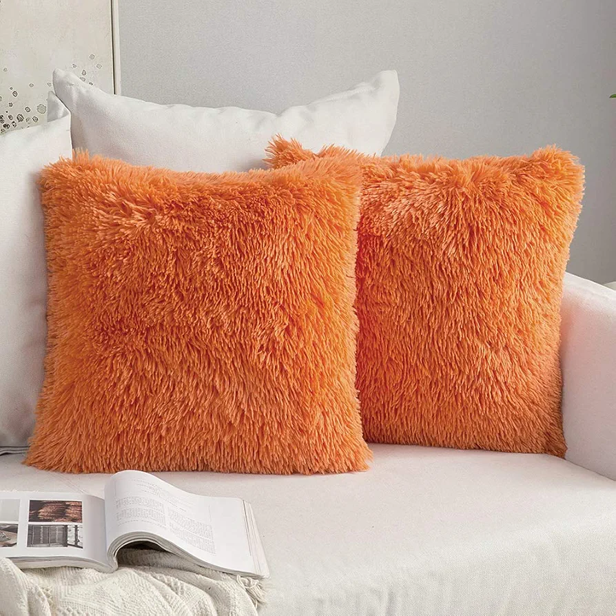 MIULEE Pack of 2 Luxury Faux Fur Throw Pillow Cover Deluxe Fall Decorative Plush Pillow Case Cushion Cover Shell for Sofa Bedroom Car 18x18 Inch Orange Halloween