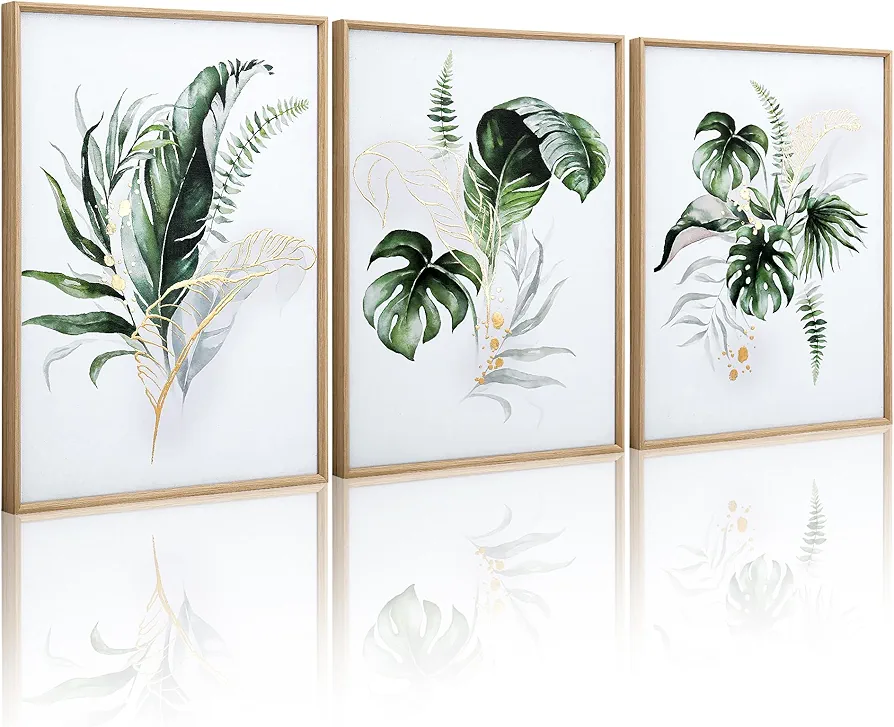 ArtbyHannah Framed Canvas Wall Art for Living Room Botanical Wall Art Gold Modern Wall Decor with Green Plant Pictures for Bedroom Bathroom (12x16 Inch 3pack Beige Framed)