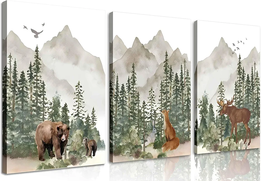 3Pcs Woodland Nursery Wall Art Wild Animals Posters Pictures Foggy Forest Canvas Prints Adventure Theme Kids Wall Decor Watercolor Paintings for Children Boys Room Girls Room Framed