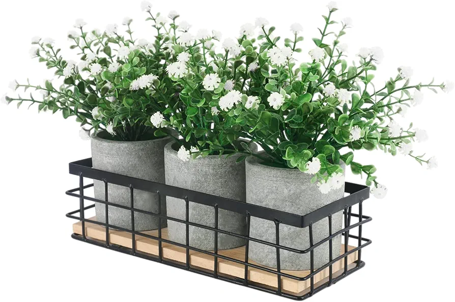 3 Potted Artificial Plants Flowers for Home Decor Indoor, Centerpiece Table Decorations for Dinning Room, Table Centerpiece Decor for Coffee Table Dining Living Room Kitchen Bath, White