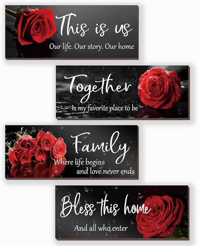 ONIZHITY 4 Pieces Red Bathroom Decor Home Wall Decor with Quotes This Is Us Together Bless This Home Family Rustic Wooden Farmhouse Wall Art for Living Room Bedroom Housewarming Gifts (Red Rose 10x4)