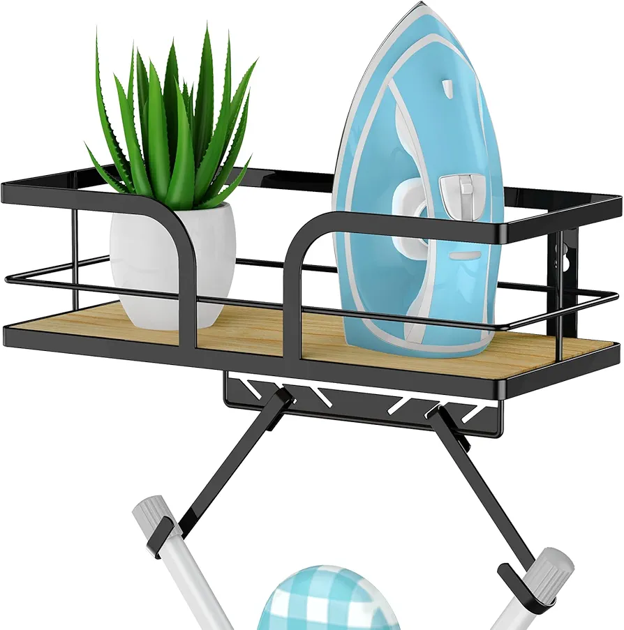 Ironing Board Holder Wall Mount Laundry Room Iron and ironing board Holder, Metal with Large Storage Wooden Base Basket and Removable Hooks (T&V Shaped)