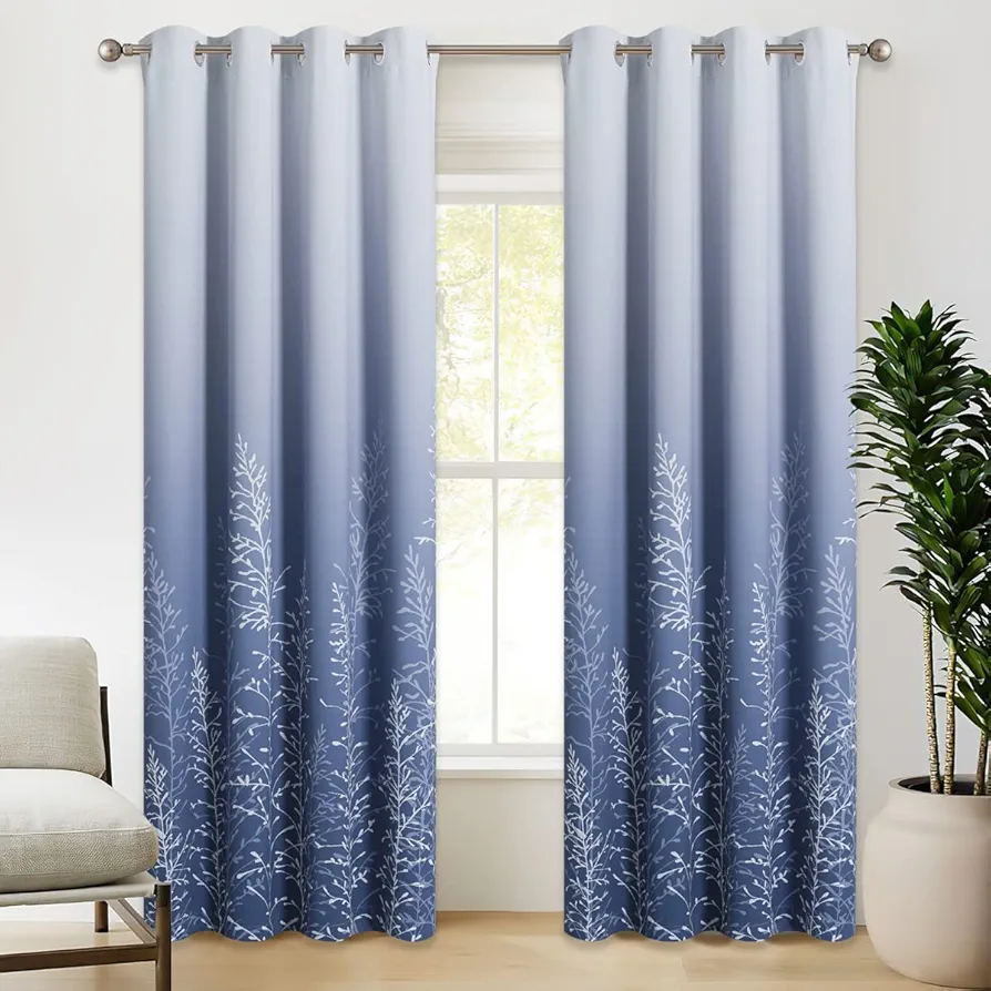 RYB HOME Blackout Curtains for Bedroom - Omber Curtains for Living Room Sunlight Block Noise Reduce Energy Efficiency Room Darkening Curtains Summer Window Decor, White and Navy, 52 x 84 inch, 2 Pcs