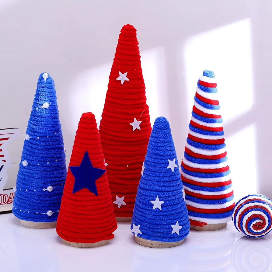 5 Pcs Patriotic Table Decorations 4th of July Mini Yarn Trees Red Blue White Independence Day Decor Farmhouse for Indoor Room Kitchen Centerpieces Home Tiered Tray Gift