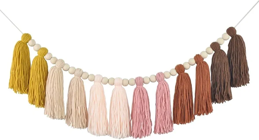 Tassel Garland with Wood Bead Jungle Leaves Garland Banner for Classroom Party Nursery Kids Bedroom Room Wall Birthday Baby Shower Wedding Decor (H)