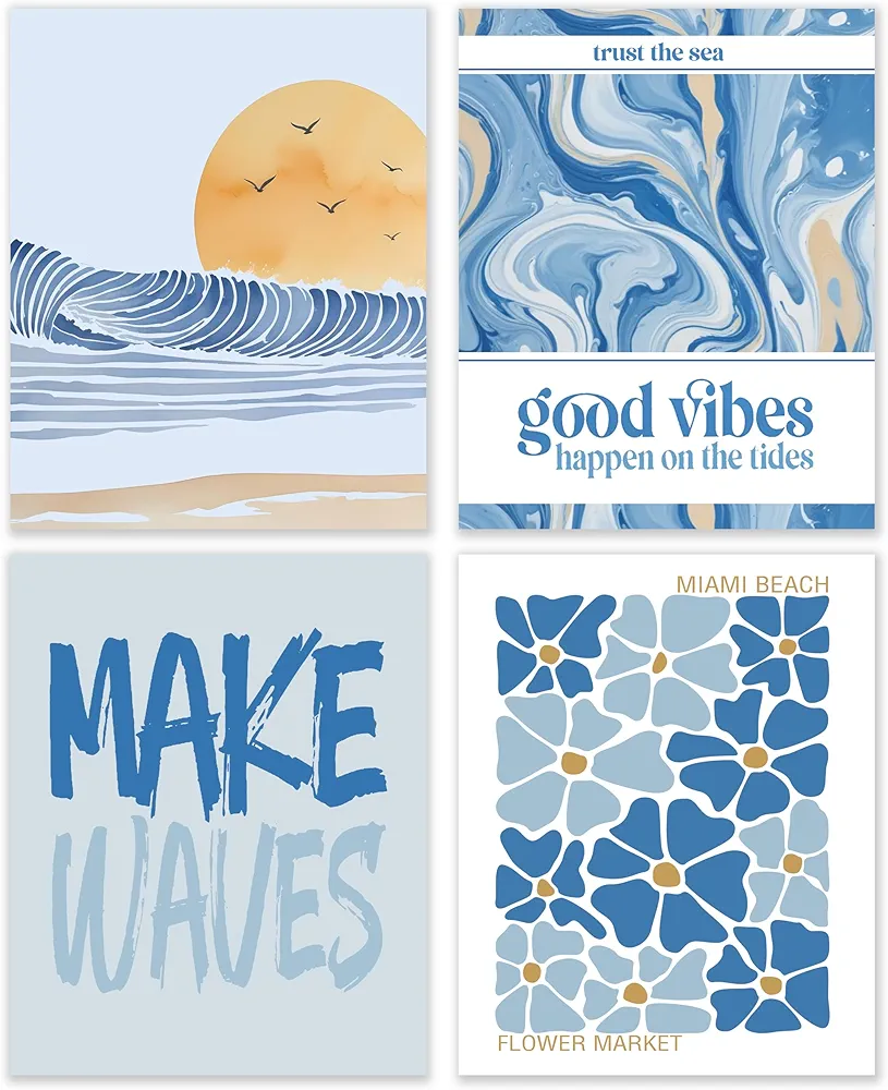 BESERH Light Blue Summer Beach Wall Art Prints Set of 4, Preppy Beach Room Decor, Beachy Room Decor Aesthetic, Blue Ocean Wave Coastal Floral Wall Decor for Girls Bedroom Dorm, 8x10 Unframed