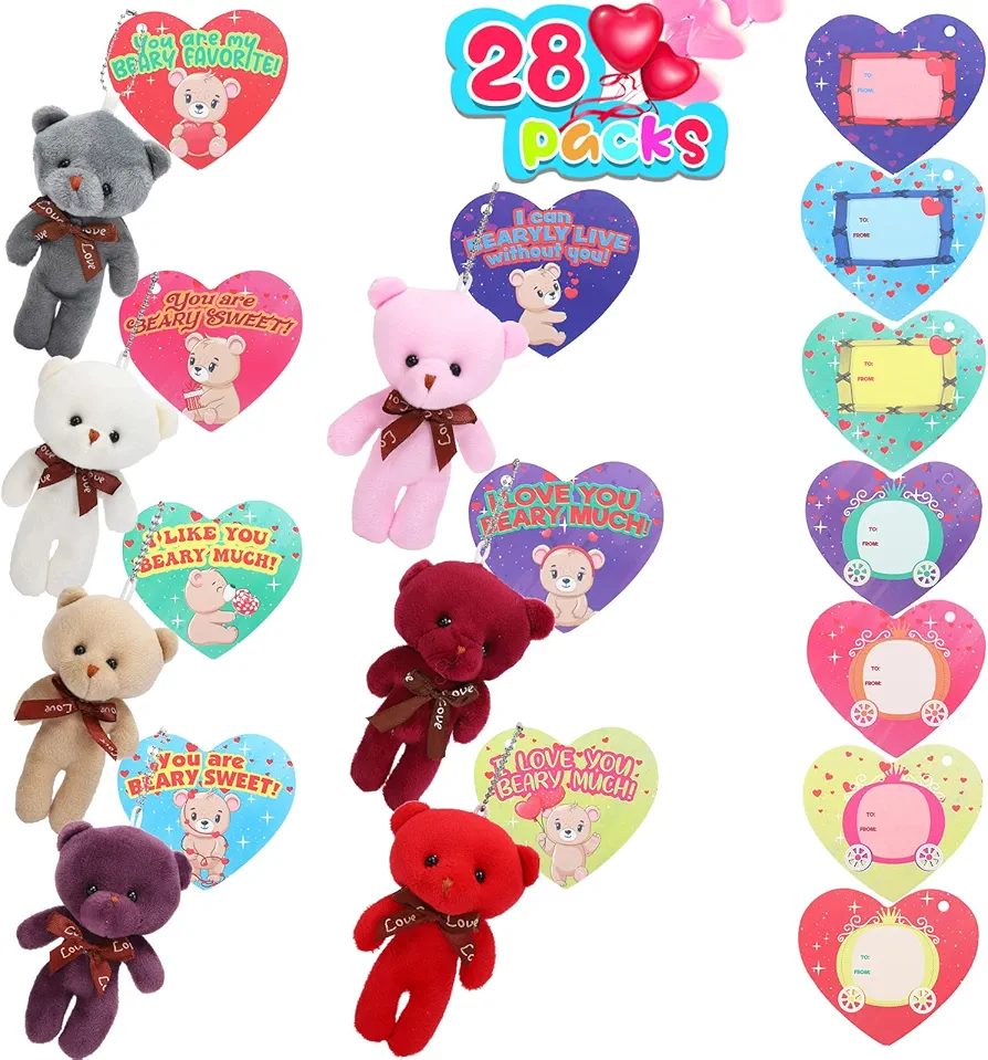 28 Pcs Valentines Stuffed Bears Toys with Party Favors Heart Cards and Boxes,Valentines Day Gifts for Kids, Valentine Classroom Exchange Party Favors, Game Prizes and Carnivals Gift