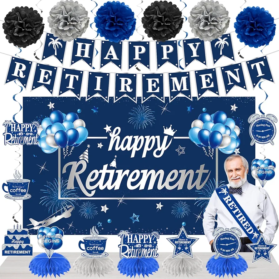 20PCS Happy Retirement Party Decorations Kit for Men, Blue Silver Retirement Banner Balloons Honeycomb Centerpiece Swirl Paper Pompoms Party Supplies, Retired Sash Table Topper Swirls Set