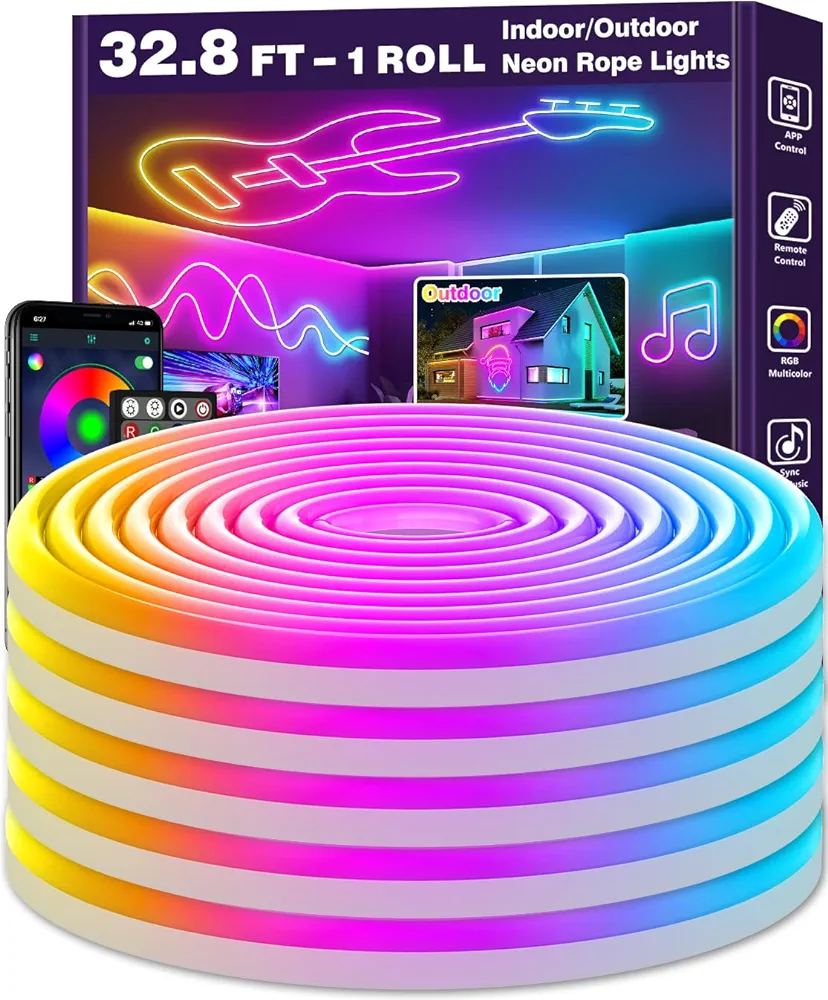 Led Neon Rope Lights 32.8Ft,Control with App/Remote,Flexible Rope Lights,Multiple Mode Led Neon Strip,IP65 Outdoor RGB Neon Lights Waterproof,Music Sync Gaming Led Neon Strip Lights for Bedroom Indoor