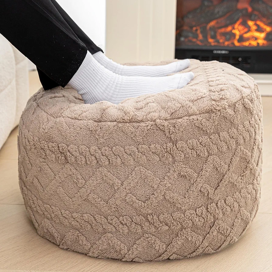 Round Pouf Ottoman Stuffed 20x12 Inches Floor Pouf Chair for Living Room Bedroom - Pouf Foot Rest for Couch Home Décor Pouffe (Light Coffee Pouf with Filler)