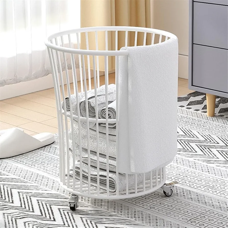 Laundry Hamper with Wheels, Round Metal Rolling Laundry Hamper, Mobile Storage Dirty Clothes Storage Frame for Living Room, Bathroom, Bedroom(White)